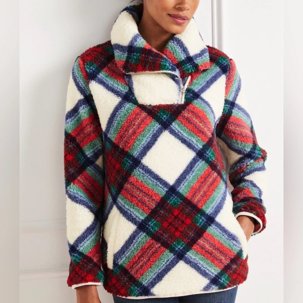 Talbots Ultra Plush Sherpa Fleece Top Zip Blue Green Plaid Women’s Med Petite
